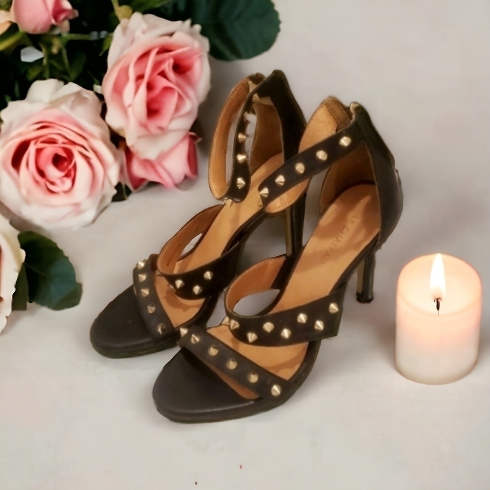 Le Château Spikey Studded Black And Gold Heels w/ Ankle Straps, & Zipper Closure
